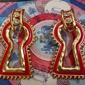 SCHIAPARELLI Gold and Red Keyhole Earrings MADE IN France ( Small) No Box Or Bag